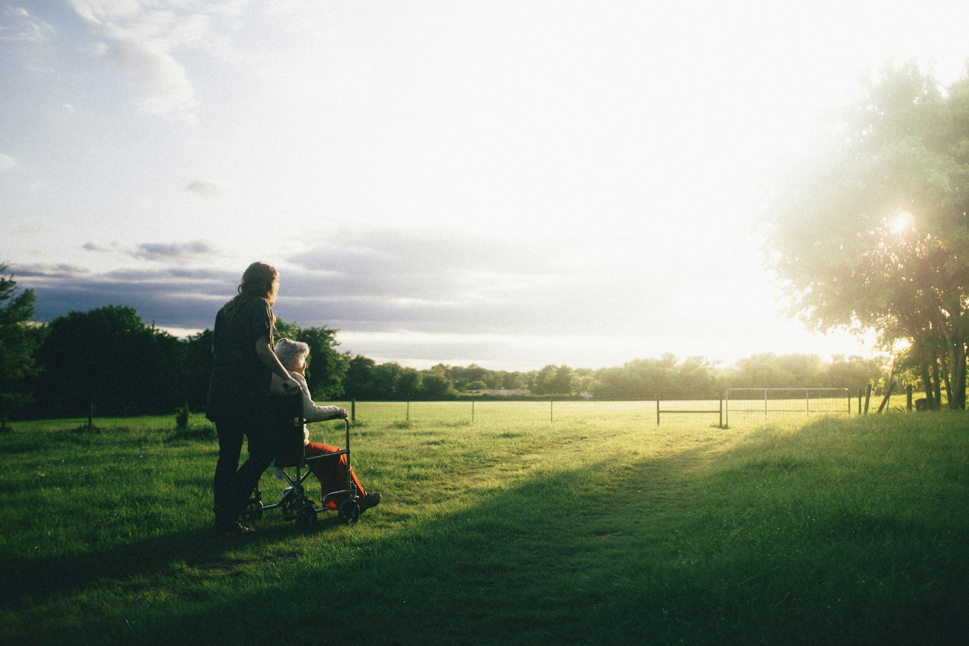 A person pushes another individual in a wheelchair along a grassy path in a sunlit, open field with trees and a fence in the background.