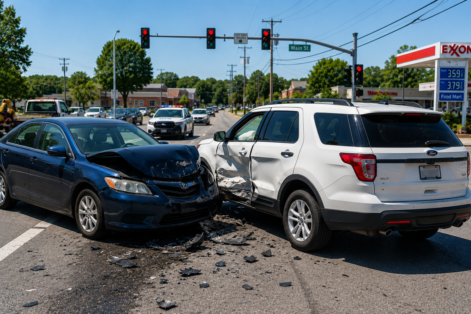 Two cars involved in a collision at an intersection; the front of a black sedan is damaged, and the side of a white SUV is dented. Debris is scattered on the road.