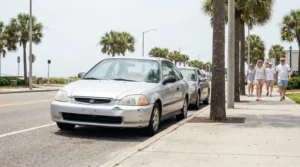 damaged Honda Civic sedan parked on street curb near pedestrian sidewalk