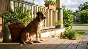 large mixed-breed dog sitting on wooden residential front porch near potted fern