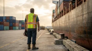 dock worker in safety vest holding hard hat beside large cargo ship