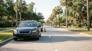damaged sedan stopped on residential street with traffic cones and police vehicle