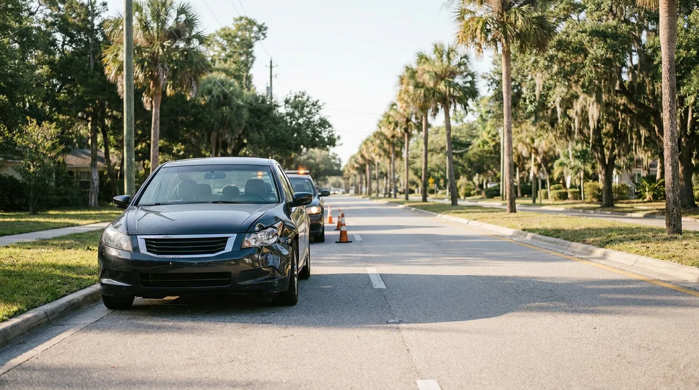 damaged sedan stopped on residential street with traffic cones and police vehicle