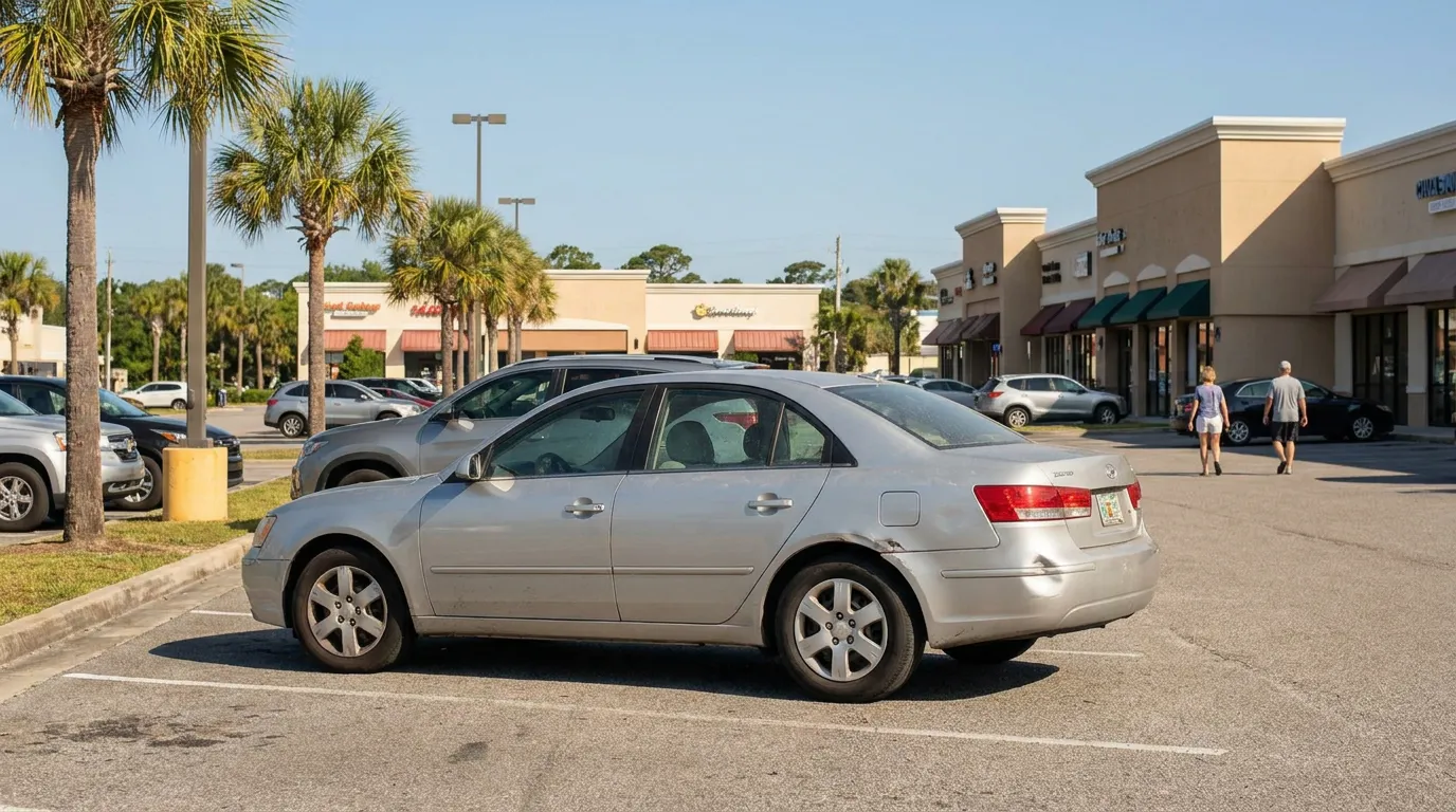 sedan parked in busy strip mall parking lot with pedestrians and storefronts