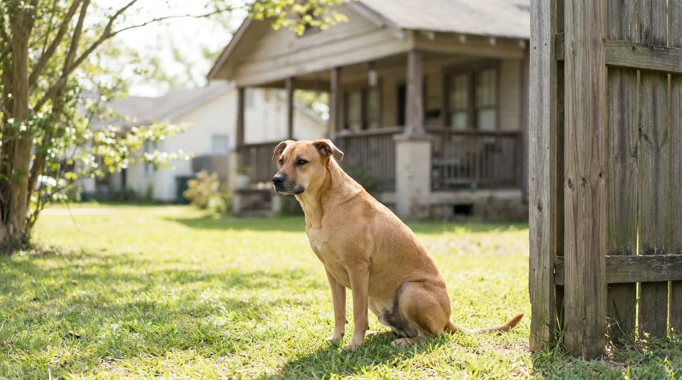 medium-sized dog sitting on grass yard beside wooden fence near residential house