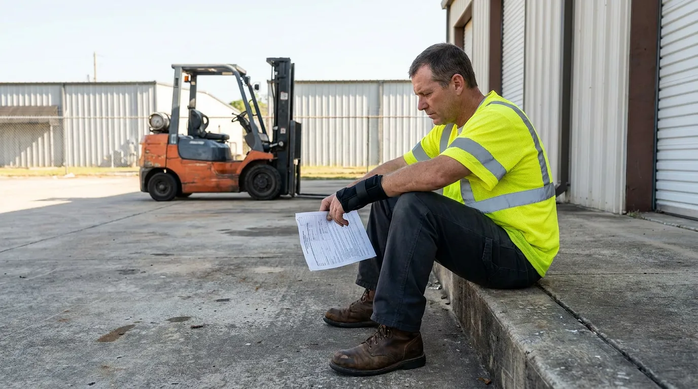 warehouse worker in safety vest sitting outside reading document near forklift
