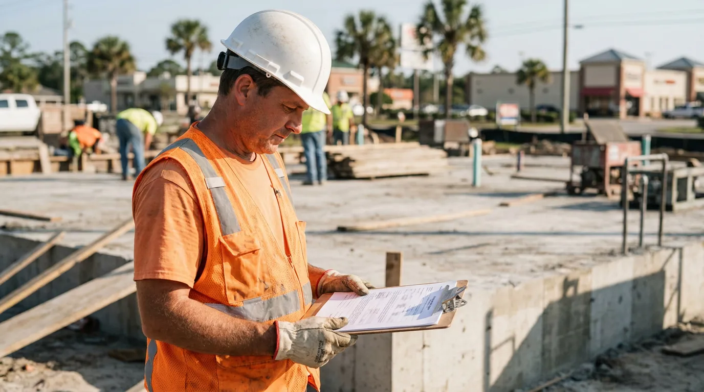 construction worker in hard hat reviewing clipboard documents at active job site