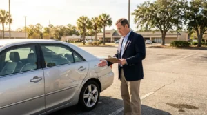 man in blazer holding clipboard inspecting dented sedan in parking lot
