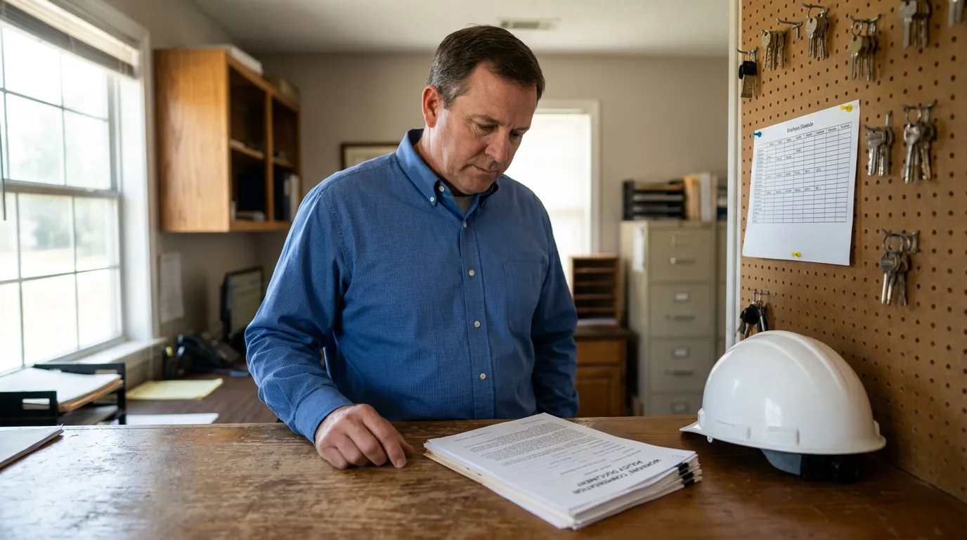 man reviewing workers compensation document beside hard hat in workplace office