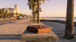 leather attorney briefcase resting on stone bench along coastal boulevard near courthouse