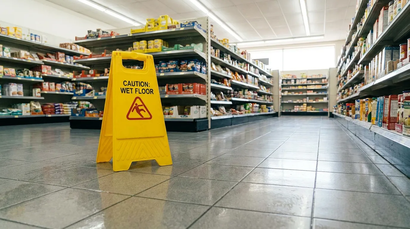 Caution Wet Floor warning sign placed in grocery store aisle with stocked shelves