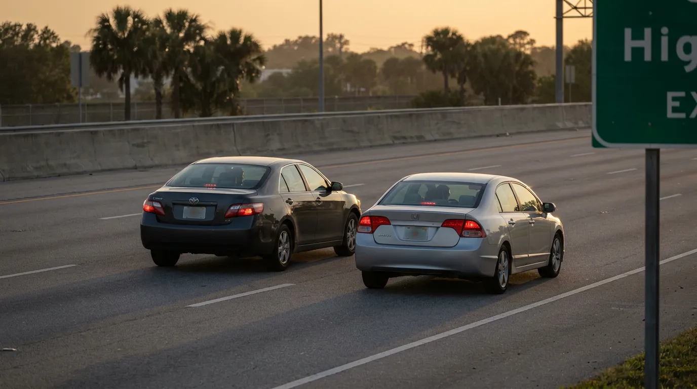two sedans driving side by side on highway near exit sign