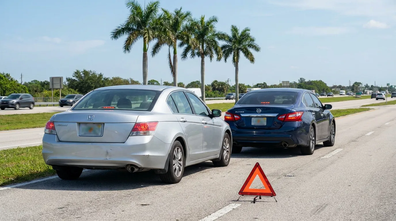 Honda Accord and Nissan Altima rear-end collision on highway with warning triangle