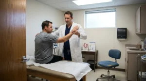 physician in white coat examining seated patient's arm in medical examination room