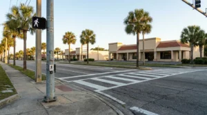 pedestrian crosswalk signal at urban intersection near commercial strip buildings and palm trees