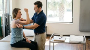 medical professional using goniometer to measure patient shoulder range of motion