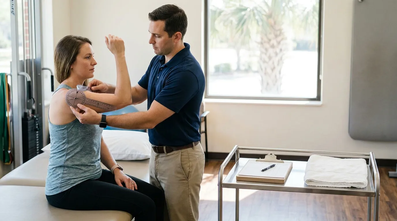 medical professional using goniometer to measure patient shoulder range of motion