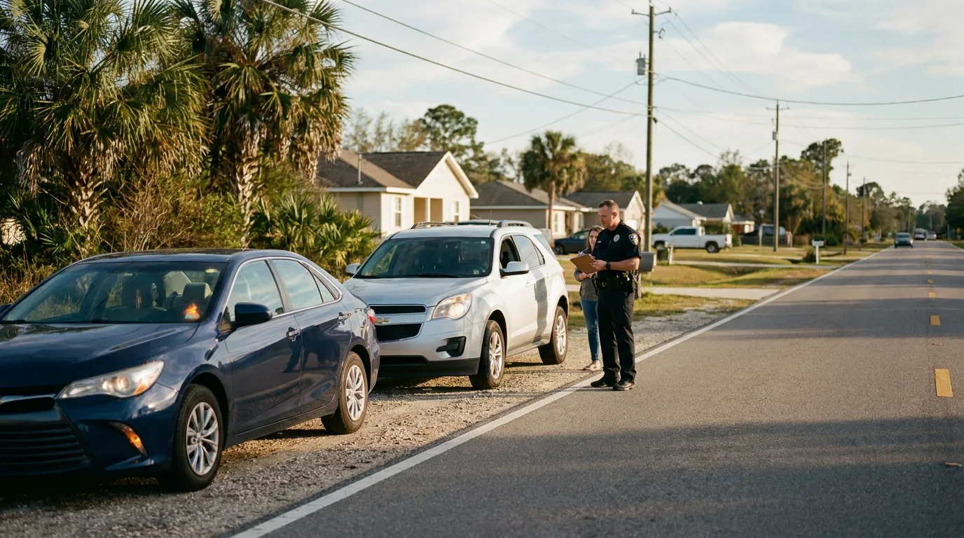 police officer writing report with civilian at roadside vehicle collision scene