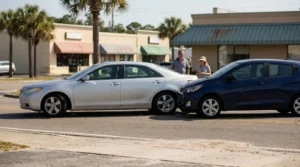 two vehicles involved in front-end collision at urban intersection with bystanders