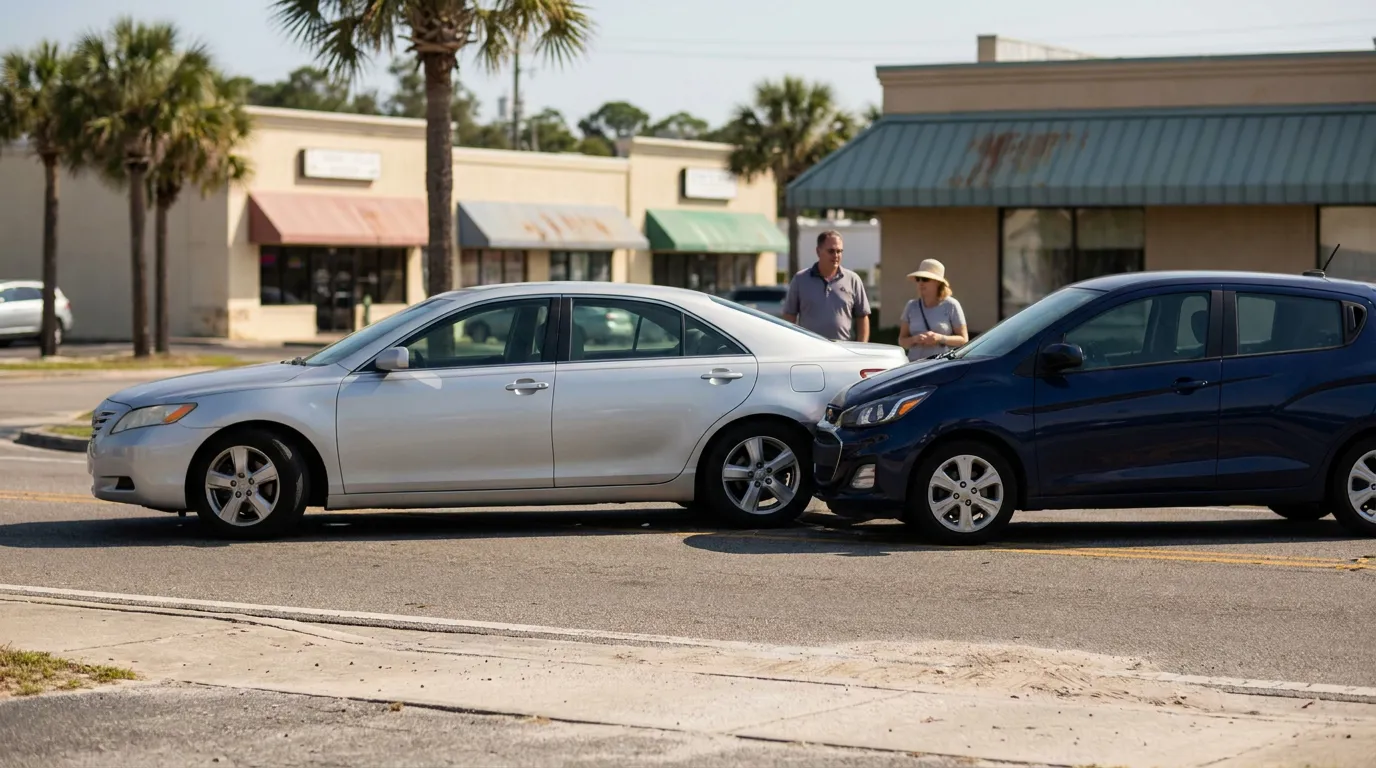 two vehicles involved in front-end collision at urban intersection with bystanders