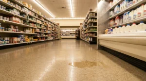 liquid spill on grocery store aisle floor near refrigerated dairy section