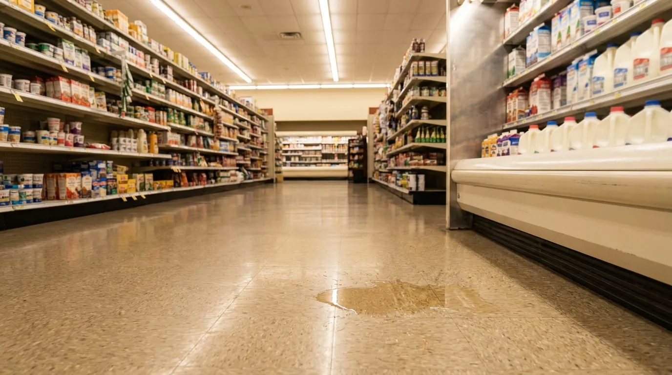 liquid spill on grocery store aisle floor near refrigerated dairy section