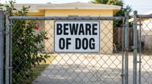Beware of Dog warning sign posted on residential chain-link fence gate
