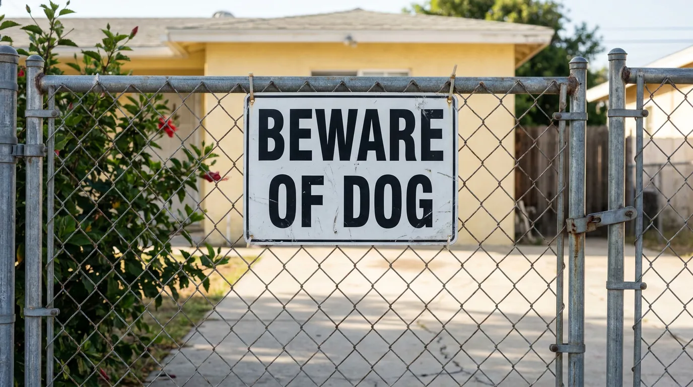Beware of Dog warning sign posted on residential chain-link fence gate