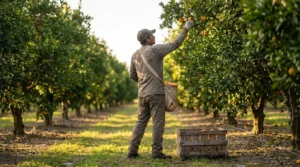 farmworker hand-picking oranges from orchard tree beside wooden harvest crate