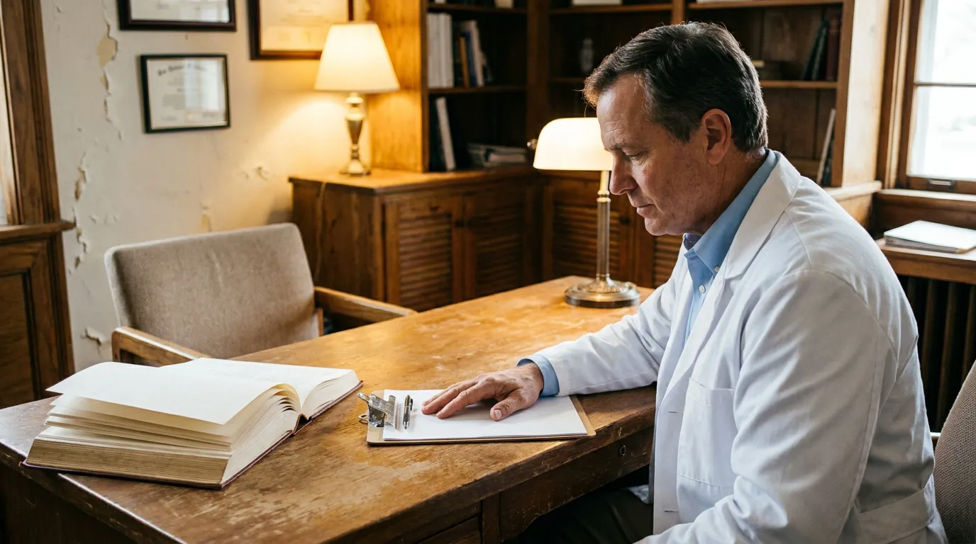 doctor in white coat reviewing clipboard documents beside open medical reference book