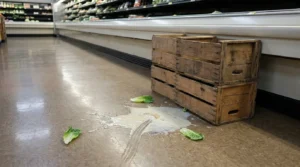 wooden produce crates beside liquid spill and scattered lettuce leaves on grocery store floor