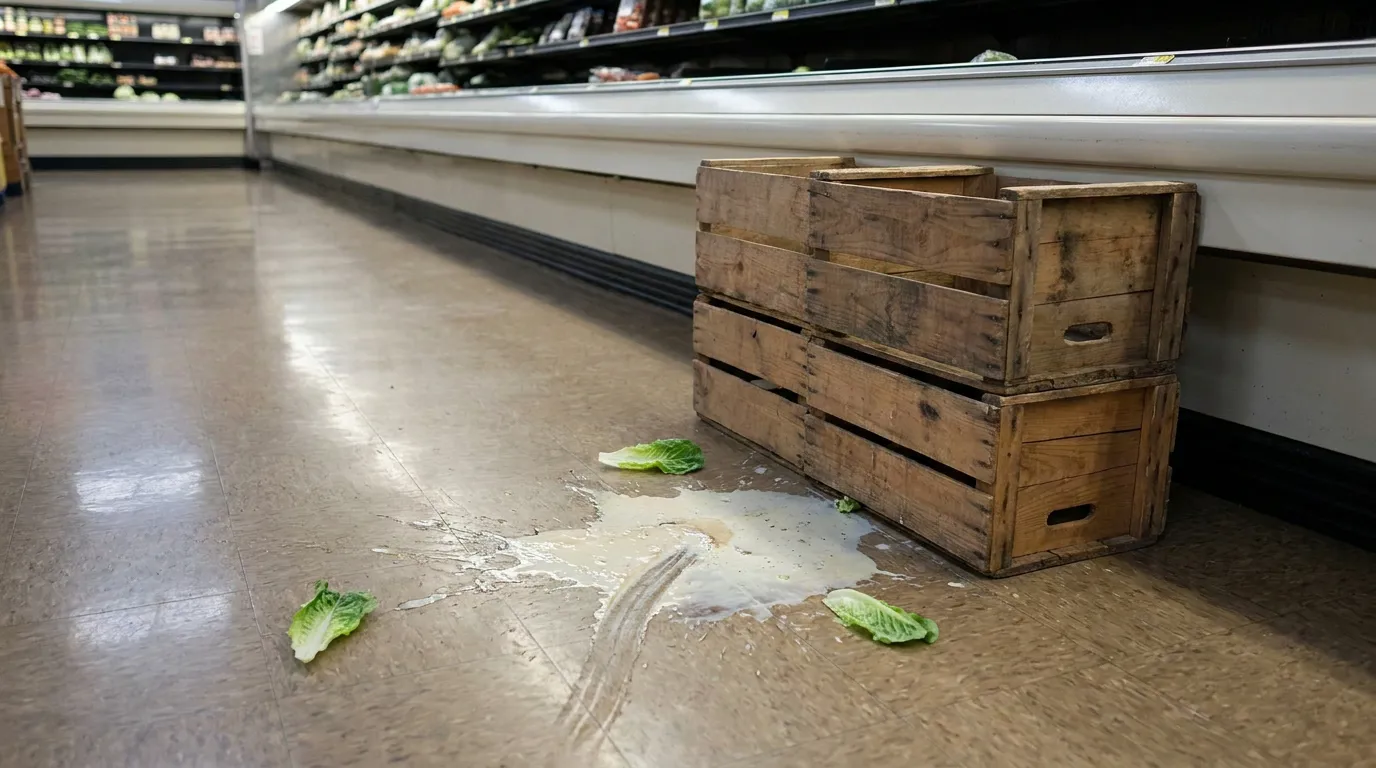 wooden produce crates beside liquid spill and scattered lettuce leaves on grocery store floor