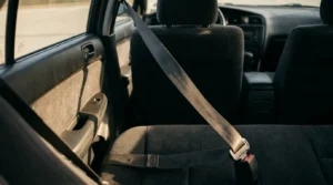 unfastened seat belt lying across empty rear passenger car seat