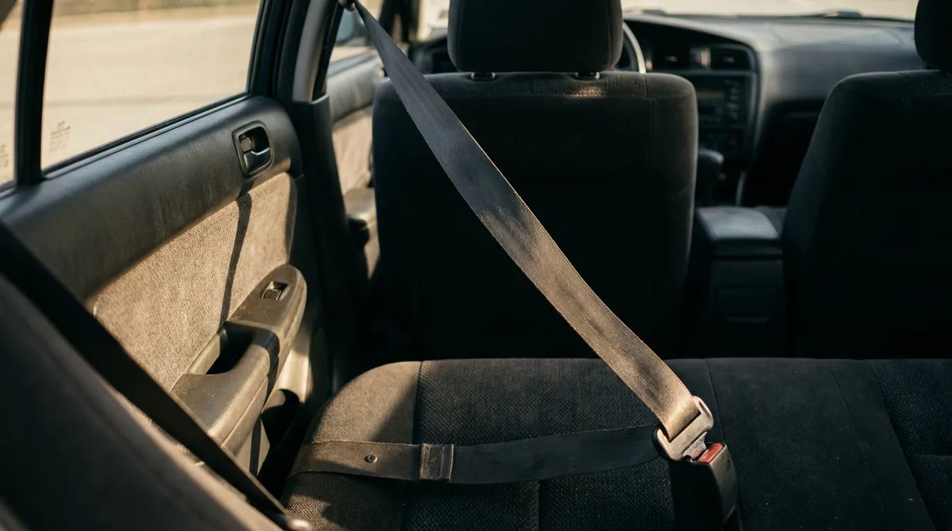 unfastened seat belt lying across empty rear passenger car seat