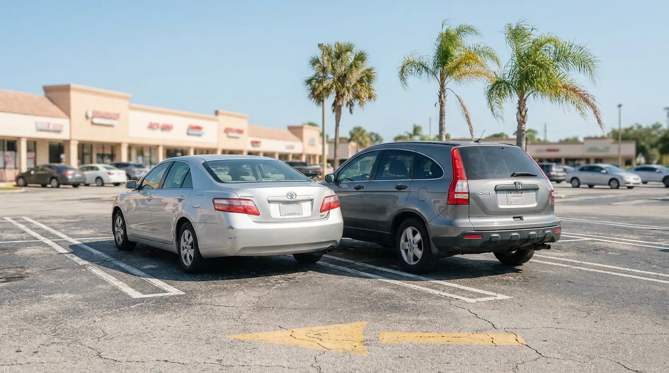 Sedan and SUV parked closely together in shopping center parking lot